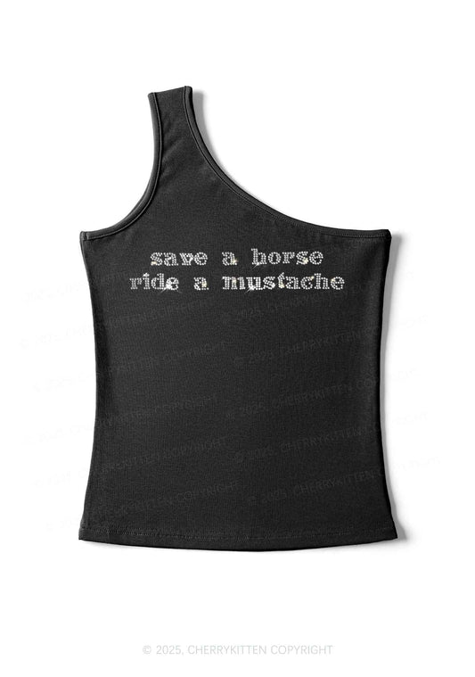 Rhinestone Ride A Mustache Y2K One Shoulder Tank Top Cherrykitten