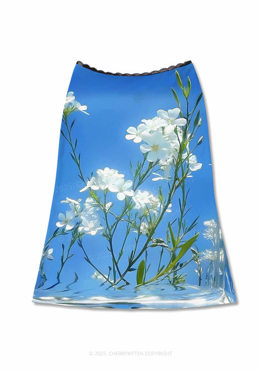 White Flowers Y2K Print Midi Skirt Cherrykitten