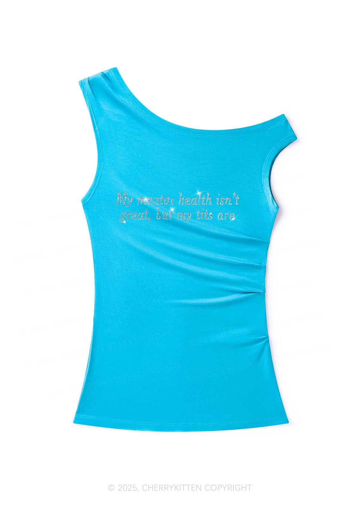 Rhinestone My Mental Health Isnt Great Y2K Off Shoulder Tank Top Cherrykitten
