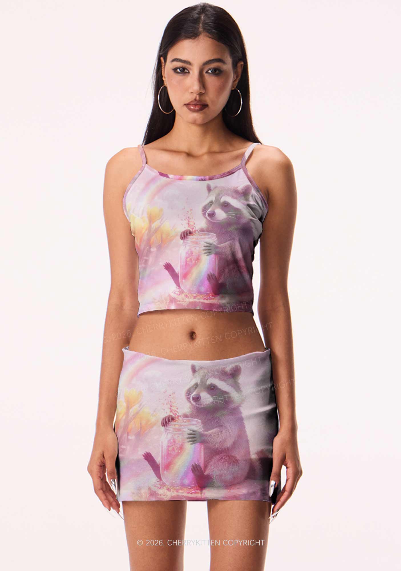 Rainbow Raccoon Pride Y2K Print Cami Crop Top Cherrykitten