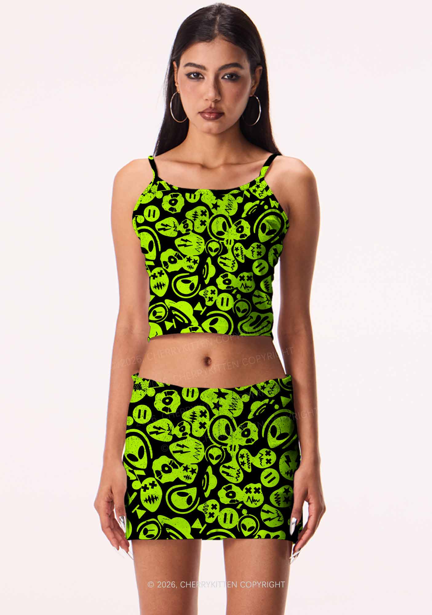 Green Alien Doodle Y2K Print Mini Skirt Cherrykitten