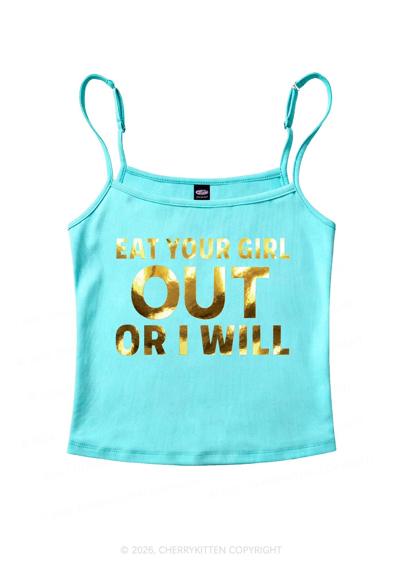 Eat Your Girl Out Silver Foil Printed Y2K Spaghetti Strap Cami Cherrykitten