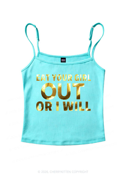 Eat Your Girl Out Silver Foil Printed Y2K Spaghetti Strap Cami Cherrykitten