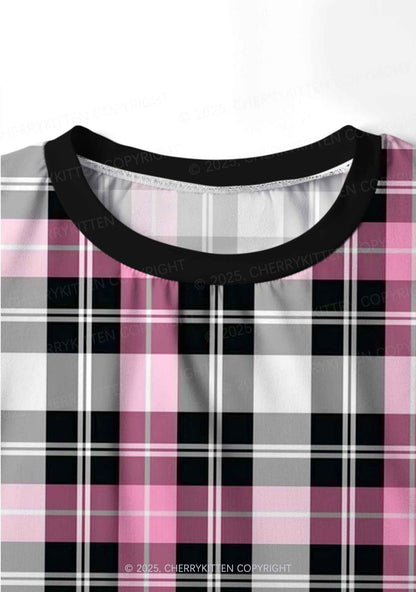 Pink And White Plaid Y2K Print Long Sleeve Pajama Set Cherrykitten