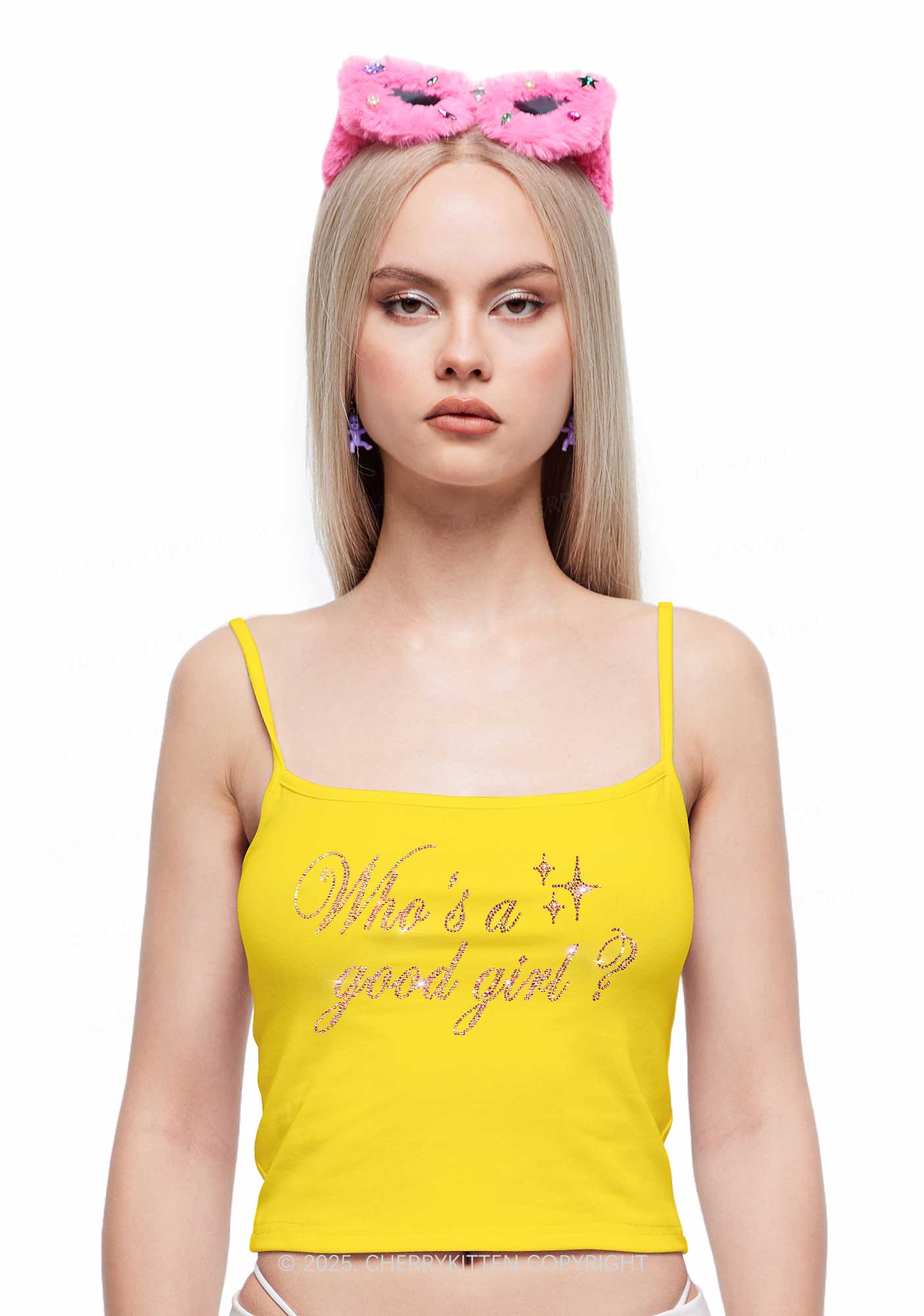 Rhinestone Whos A Good Girl Y2K Spaghetti Strap Cami Cherrykitten