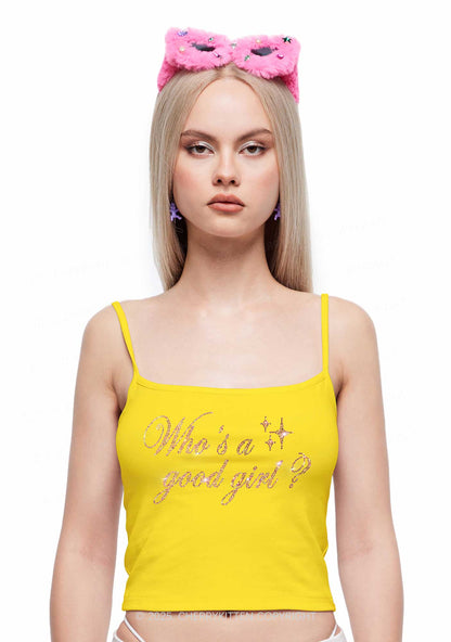 Rhinestone Whos A Good Girl Y2K Spaghetti Strap Cami Cherrykitten