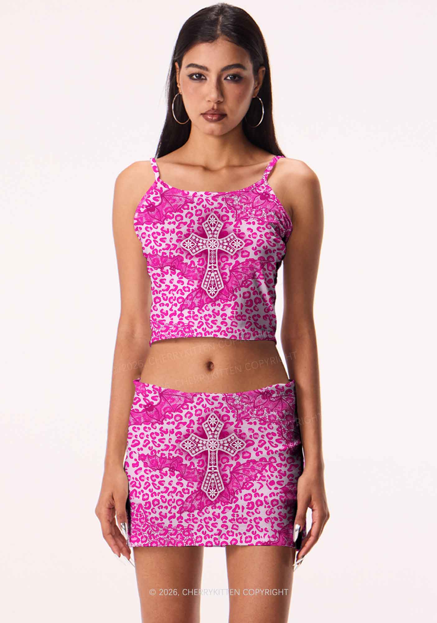 Halloween Pink Leopard Bat Cross Y2K Print Mini Skirt Cherrykitten