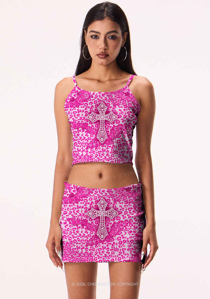 Halloween Pink Leopard Bat Cross Y2K Print Mini Skirt Cherrykitten