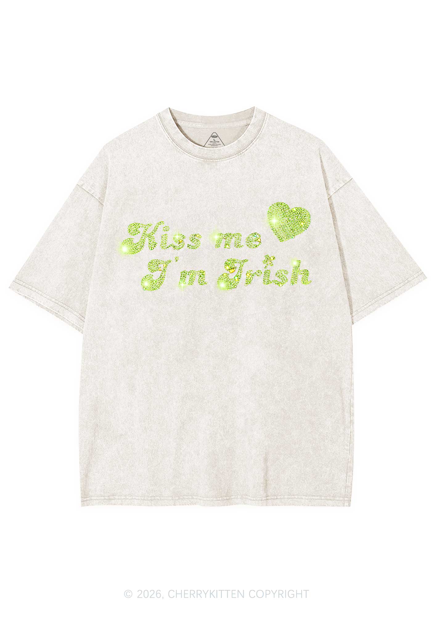 Rhinestone Kiss Me St Patricks Y2K Shirts Washed Tee Cherrykitten