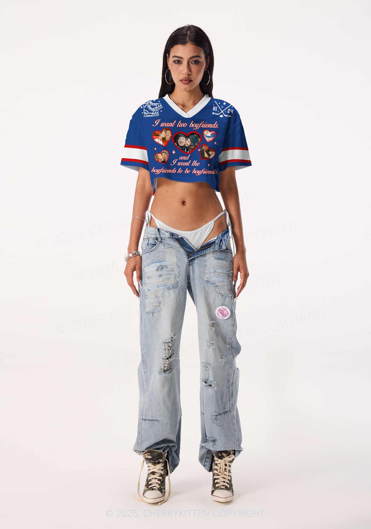 Blue I Want Two Boyfriends HR Y2K Crop Sport Jersey Shirts Cherrykitten
