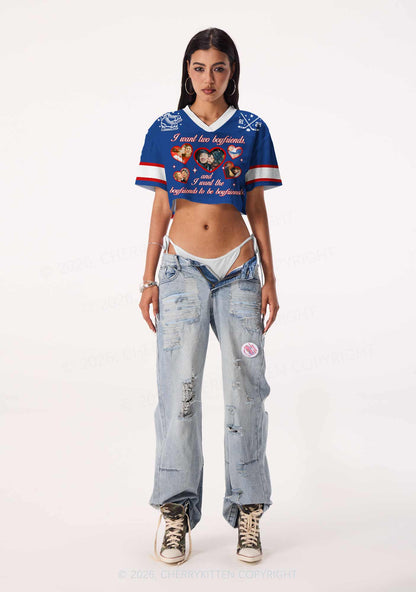 Blue I Want Two Boyfriends HR Y2K Crop Sport Jersey Shirts Cherrykitten