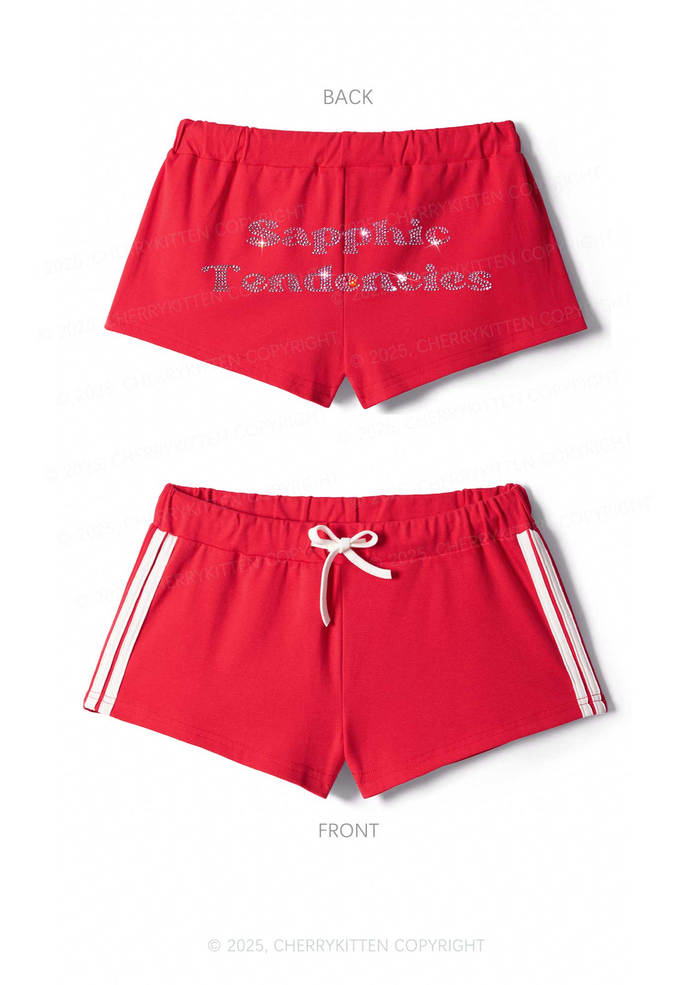 Rhinestone Sapphic Tendencies Pride Y2K Drawstring Mini Shorts Cherrykitten