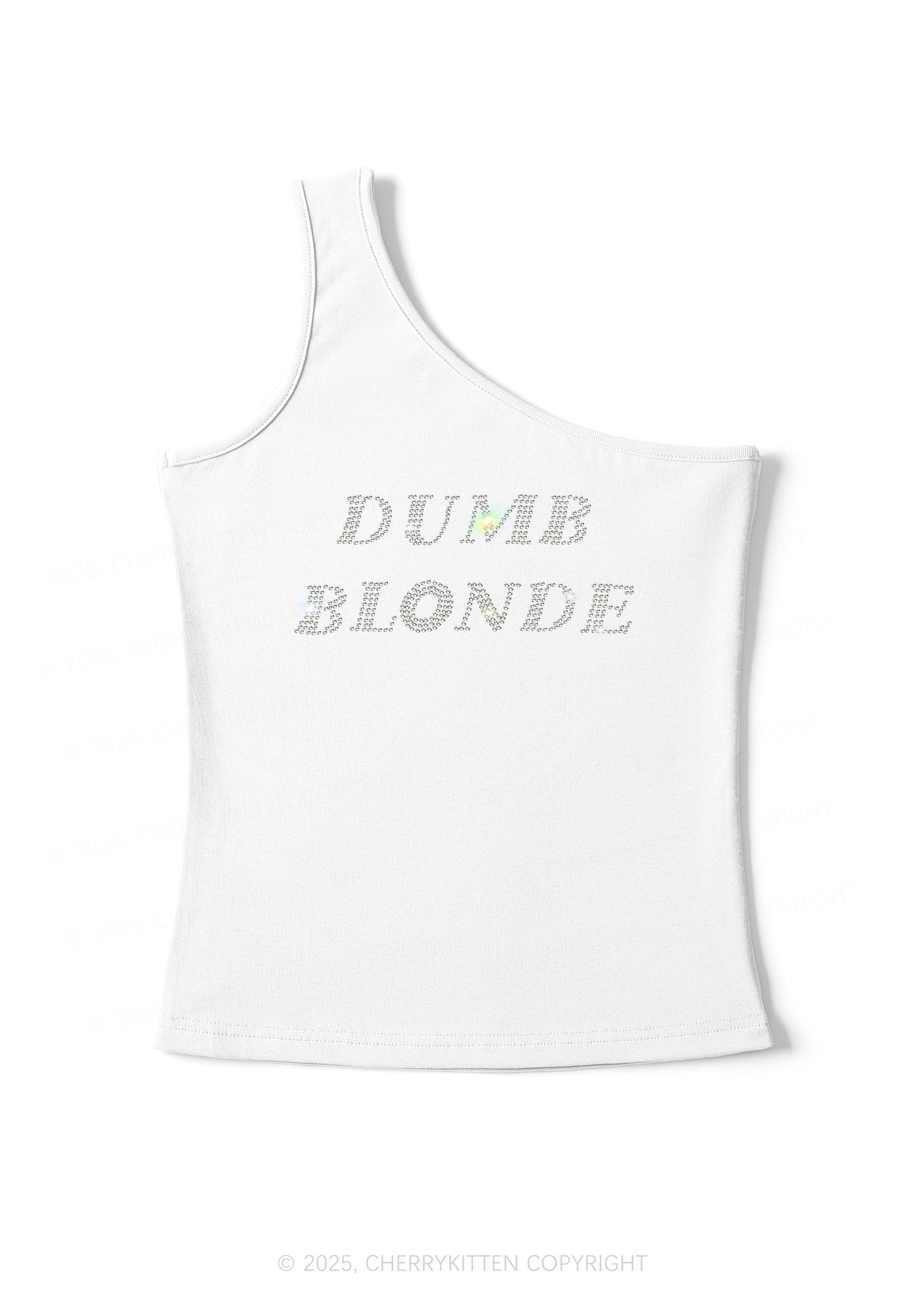 Rhinestone Dumb Blonde Y2K One Shoulder Tank Top Cherrykitten