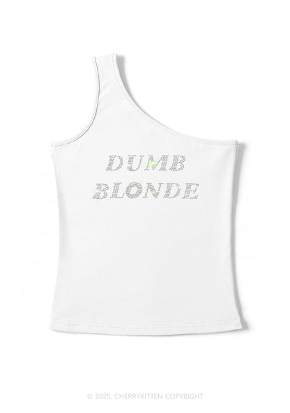 Rhinestone Dumb Blonde Y2K One Shoulder Tank Top Cherrykitten