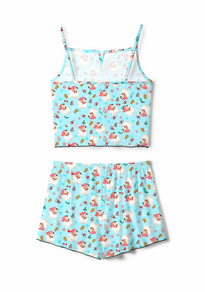 Christmas Blue Santa Y2K Print Cami Shorts Pajama Set Cherrykitten