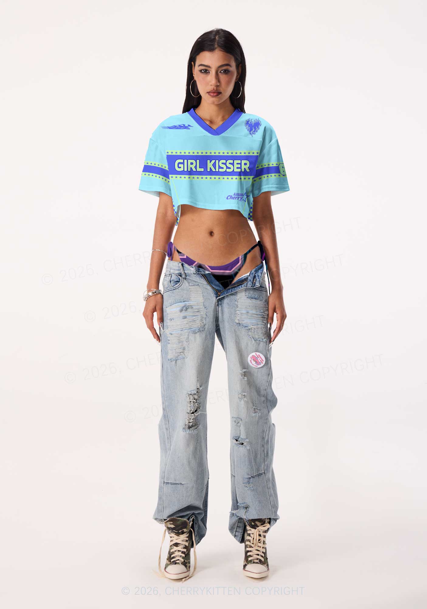 Blue Girl Kisser Pride Y2K Crop Sport Jersey Shirts Cherrykitten