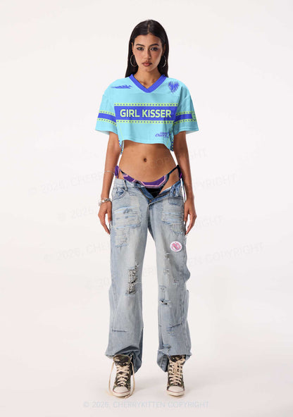 Blue Girl Kisser Pride Y2K Crop Sport Jersey Shirts Cherrykitten