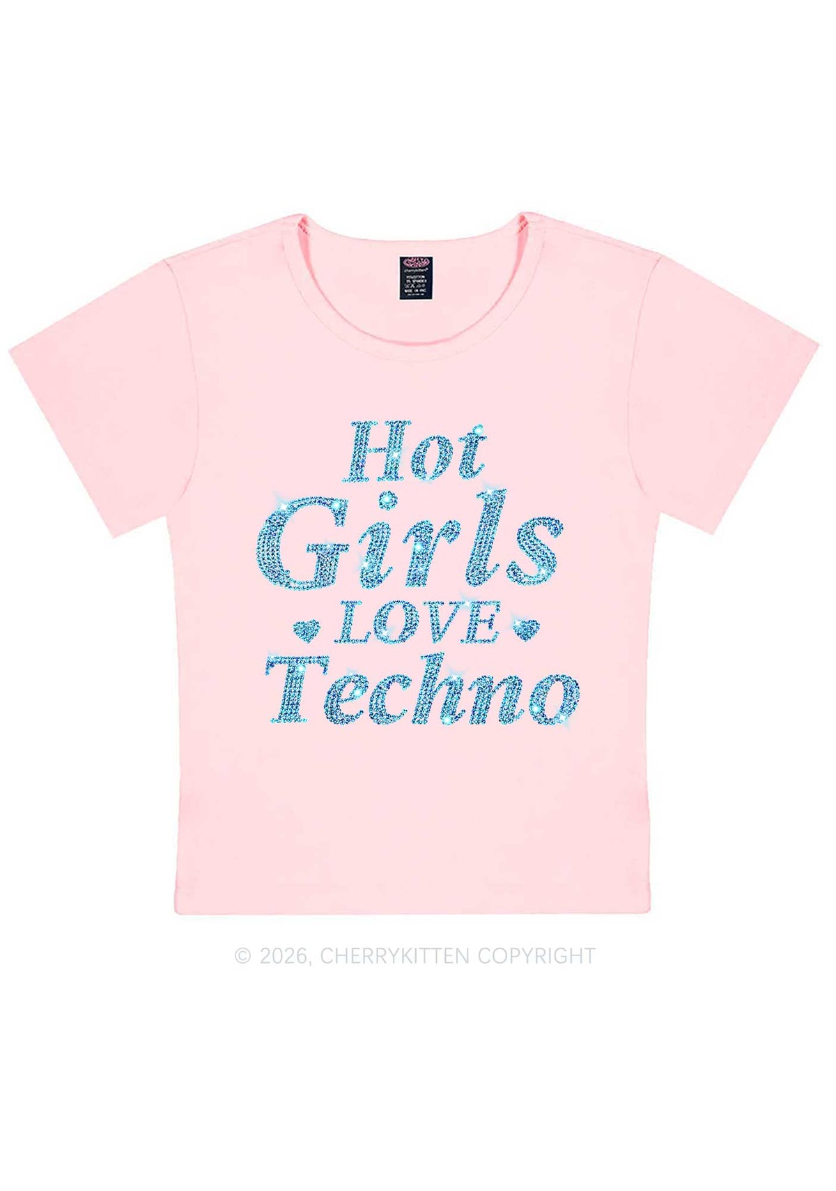 Rhinestone Blue Hot Girls Love Techno Y2K Baby Tee Cherrykitten