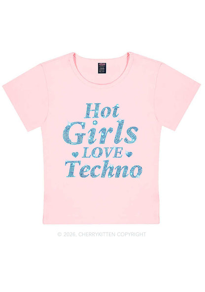 Rhinestone Blue Hot Girls Love Techno Y2K Baby Tee Cherrykitten