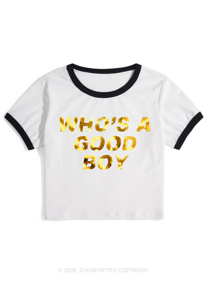 Whos A Good Boy Silver Foil Printed Y2K Ringer Tee Cherrykitten