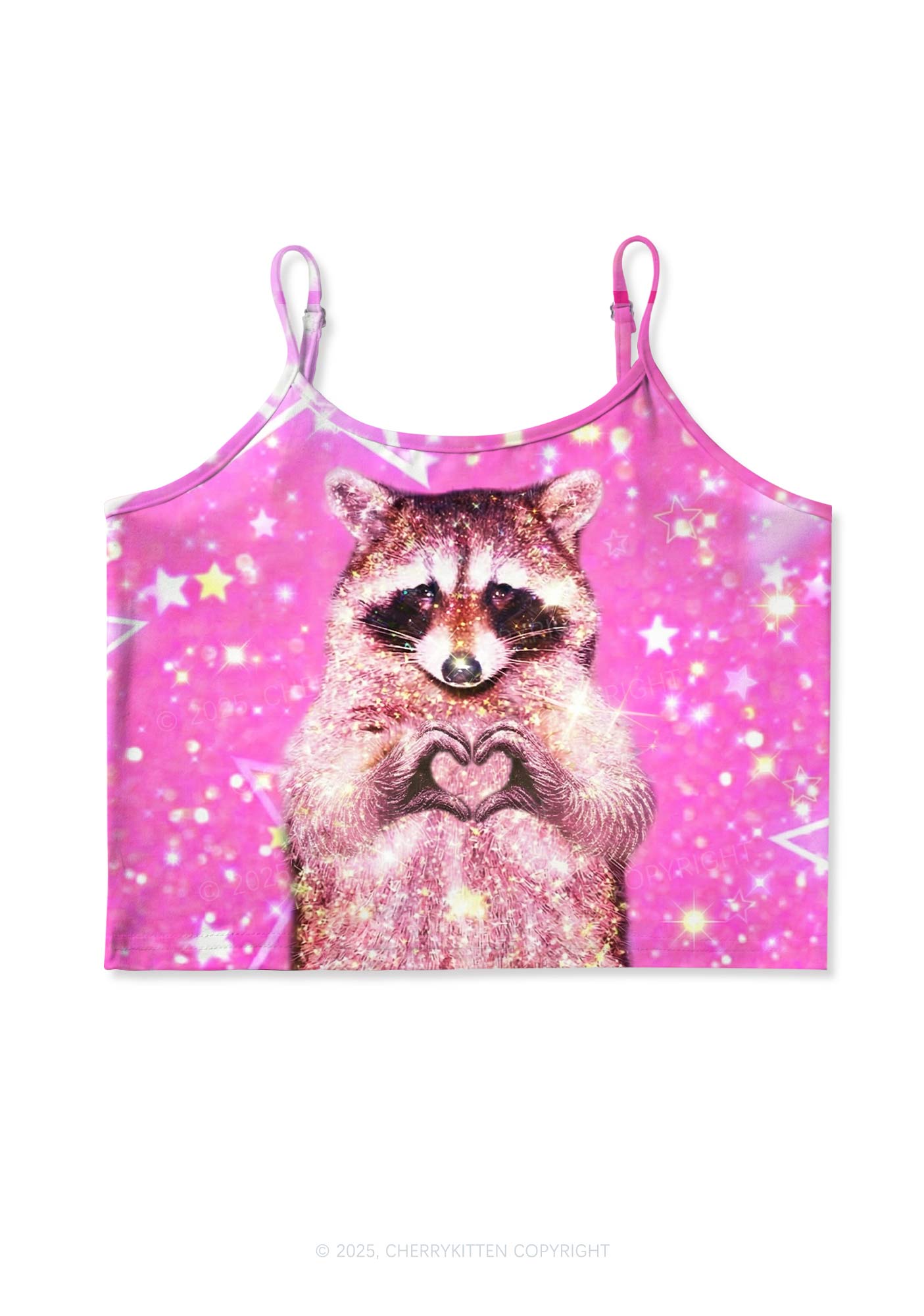 Sparkly Raccoon Heart Valentine's Day Y2K Print Cami Crop Top Cherrykitten