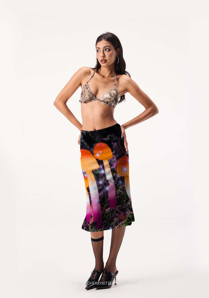 Lesbian Glowing Mushroom Pride Y2K Print Midi Skirt Cherrykitten