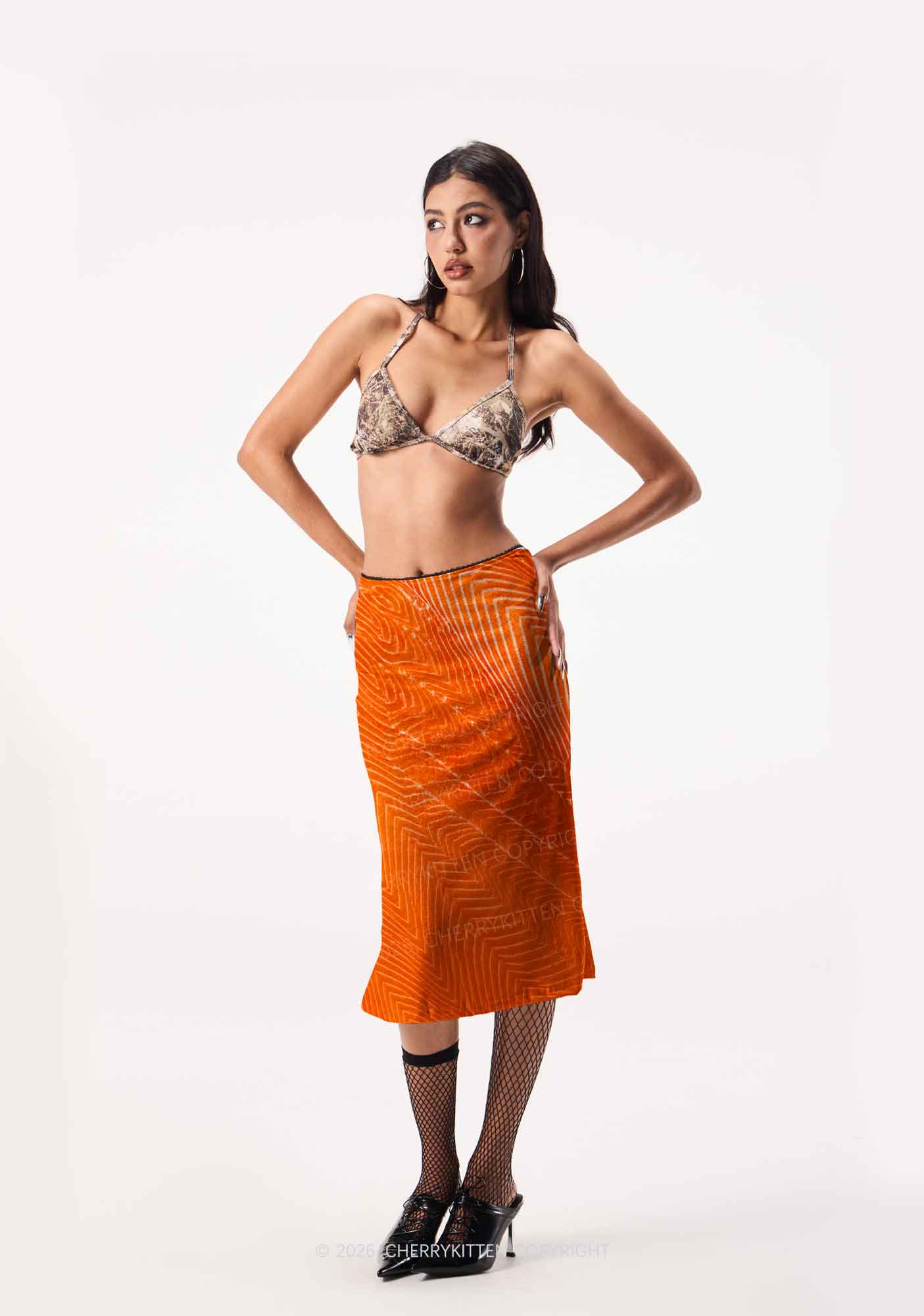 Salmon Meat Texture Y2K Print Midi Skirt Cherrykitten