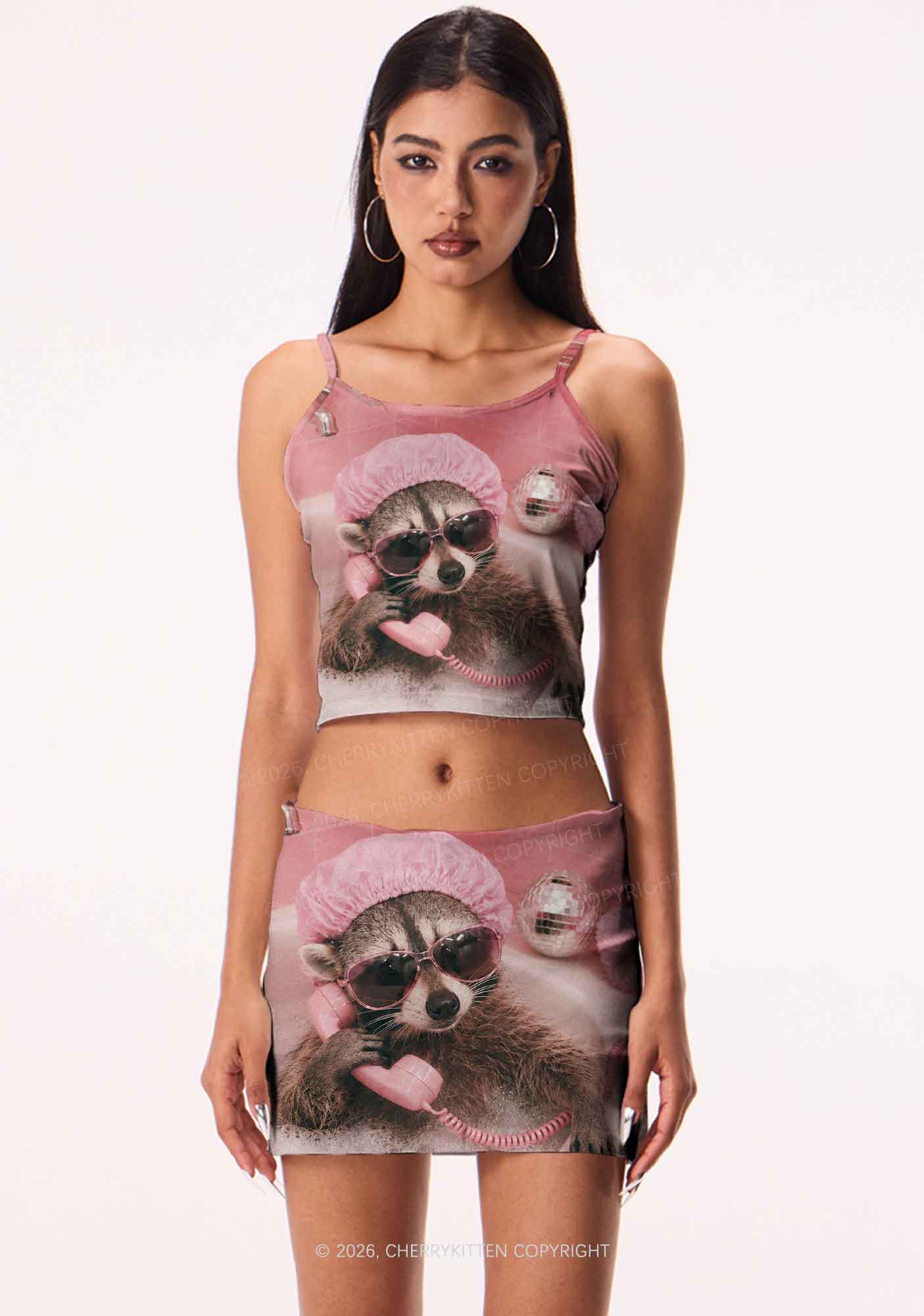 Pink Spa Raccoon Y2K Print Mini Skirt Cherrykitten