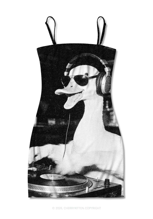 DJ Duck Spinning Records Y2K Print Slip Dress Cherrykitten