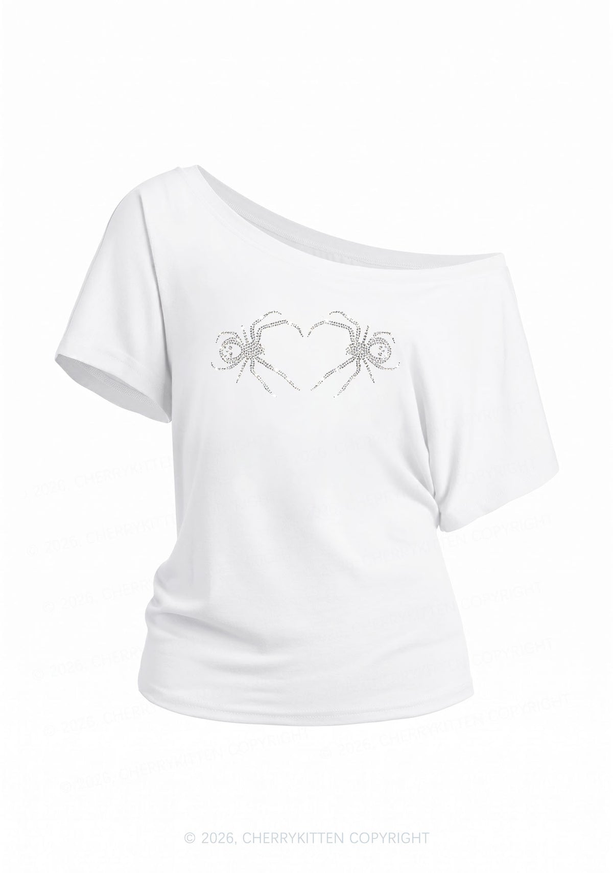 Rhinestone Skull Spider Y2K Off Shoulder Tee Cherrykitten