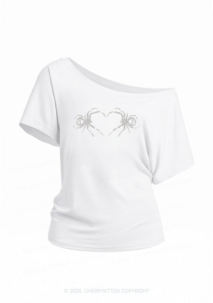 Rhinestone Skull Spider Y2K Off Shoulder Tee Cherrykitten