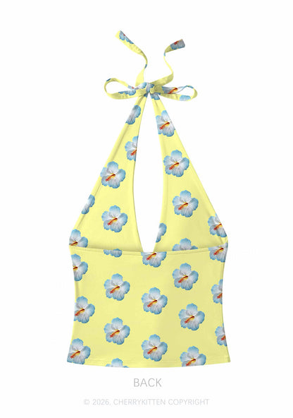 Pale Yellow Hibiscus Y2K Print Halter Deep V Neck Cami Cherrykitten
