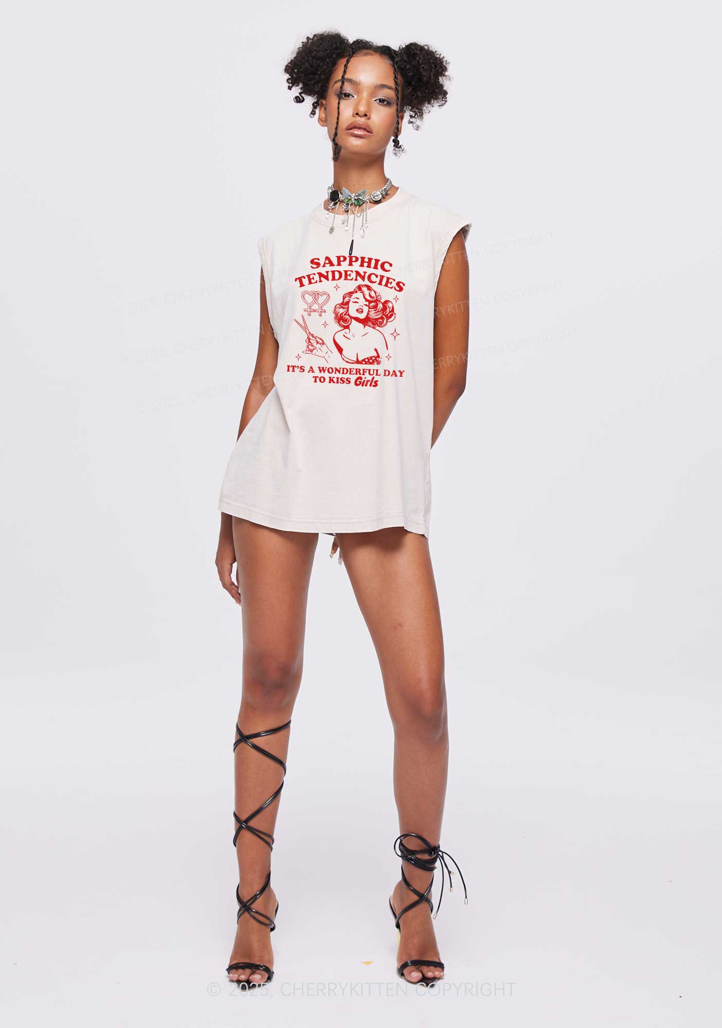 Sapphic Tendencies Kiss Girls Pride Y2K Washed Muscle Tank Cherrykitten
