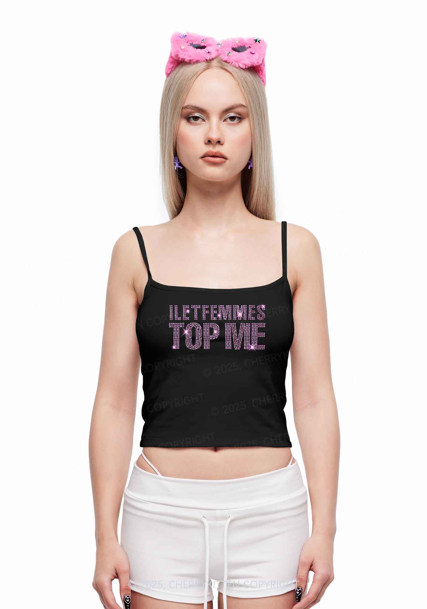 Rhinestone I Let Femmes Top Me Pride Y2K Spaghetti Strap Cami Cherrykitten