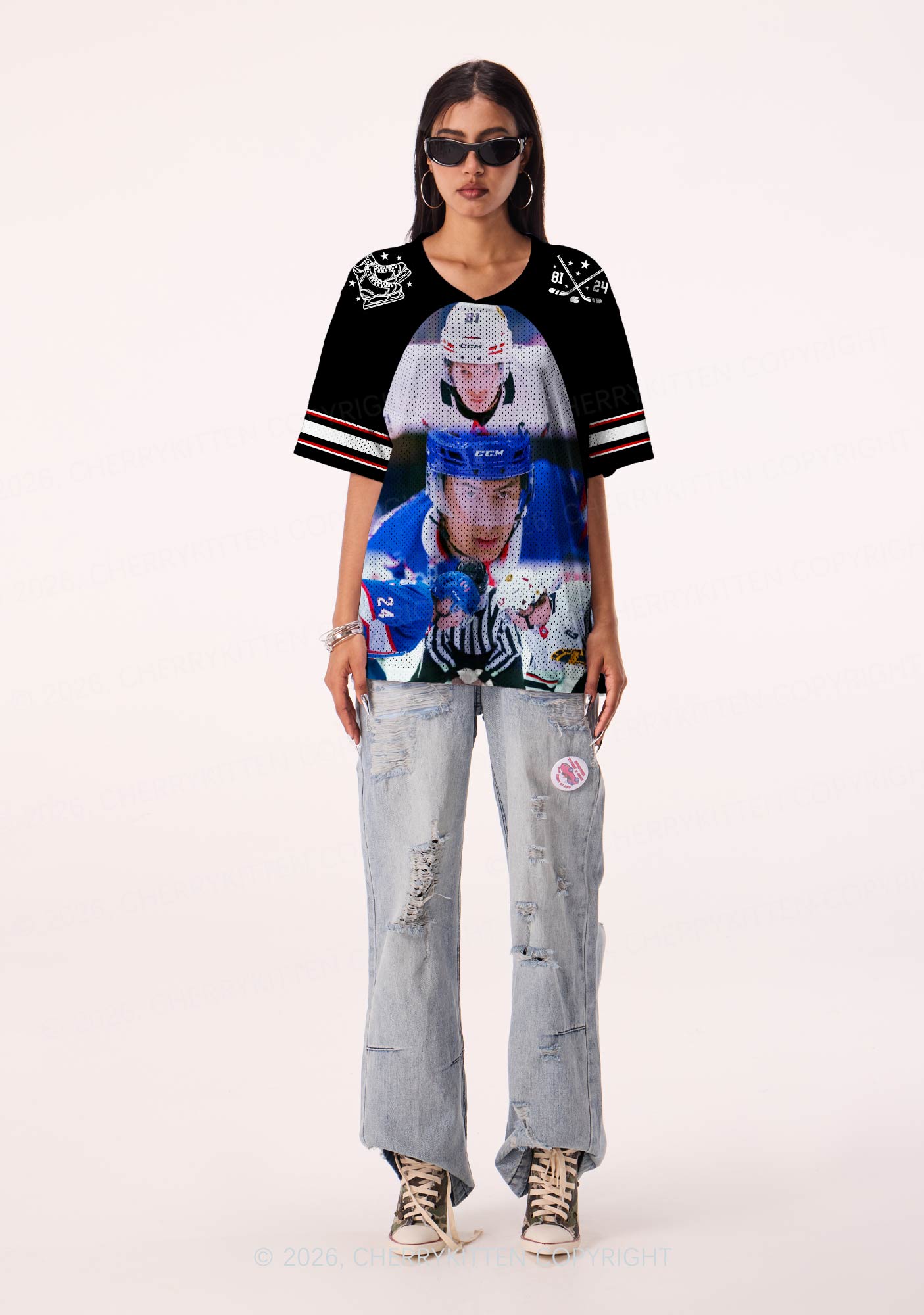 Black Hockey Match HR Y2K Sport Jersey Shirts Cherrykitten