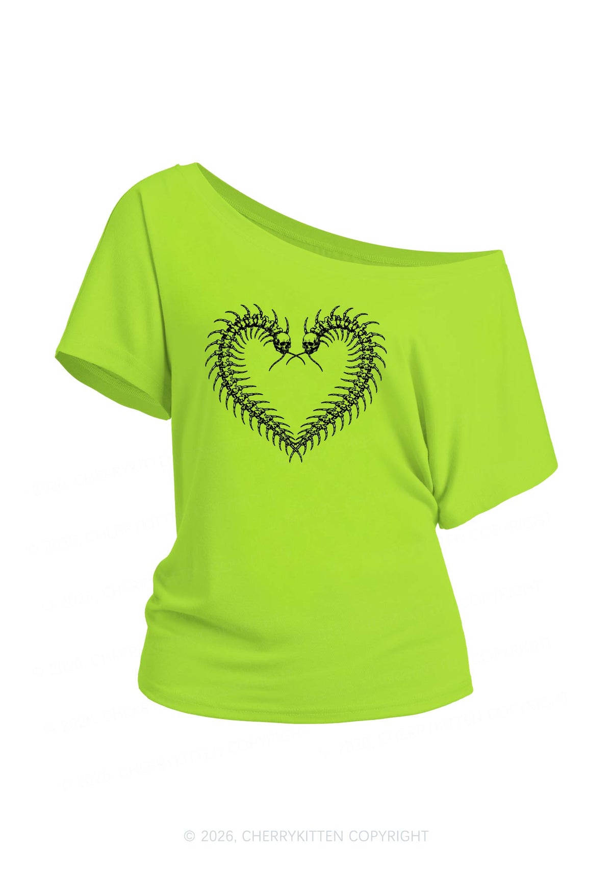 Halloween Centipede Heart Shape Y2K Off Shoulder Tee Cherrykitten