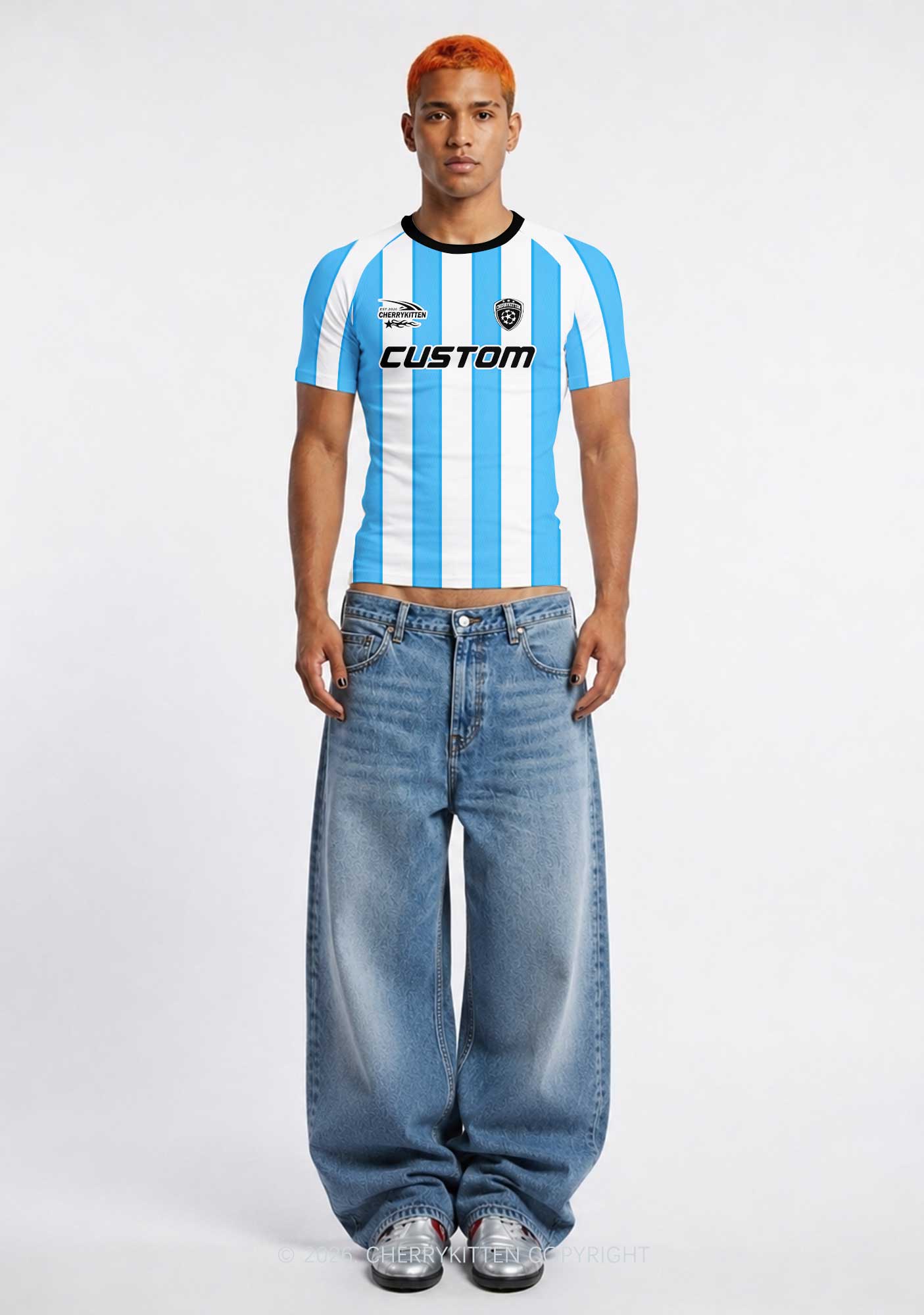 Custom Text Number Blue White Stripes Y2K Football Jersey Shirts Cherrykitten