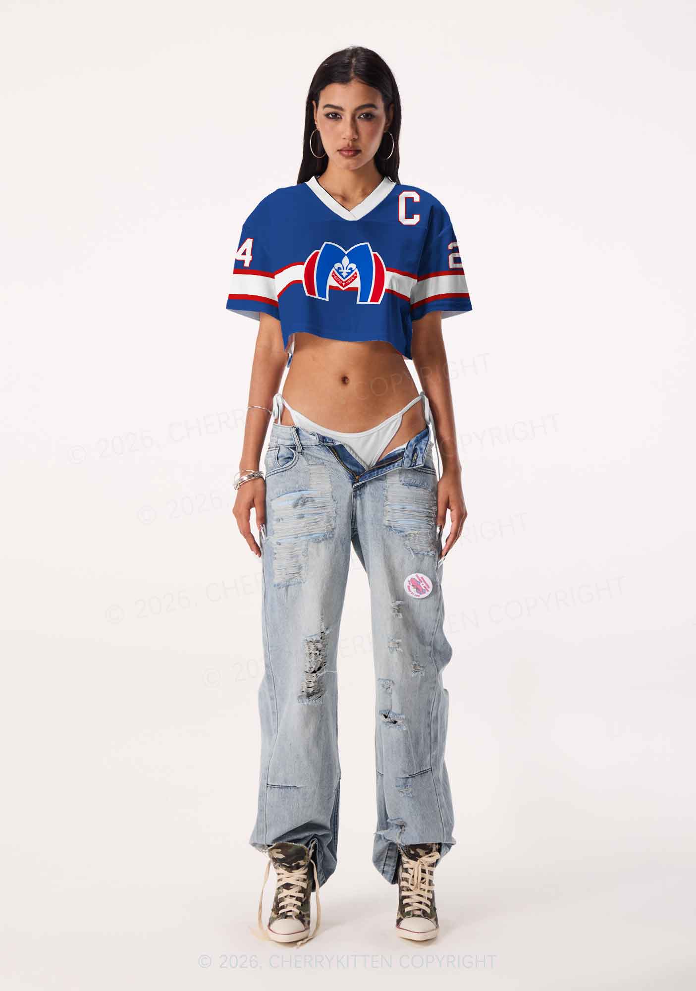 Blue Hockey HR Y2K Crop Sport Jersey Shirts Cherrykitten