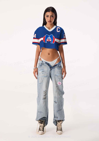 Blue Hockey HR Y2K Crop Sport Jersey Shirts Cherrykitten