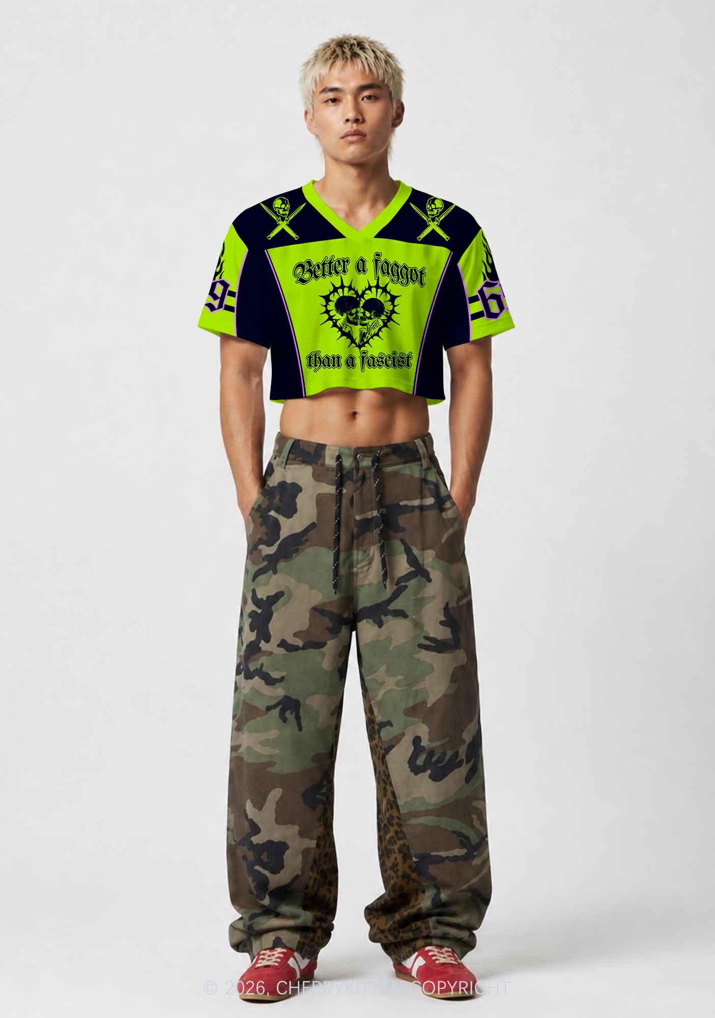 Green Better Faggot Than Fascist Pride Y2K Crop Sport Jersey Shirts Cherrykitten