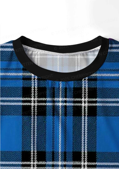 Blue Plaid Y2K Print Long Sleeve Pajama Set Cherrykitten