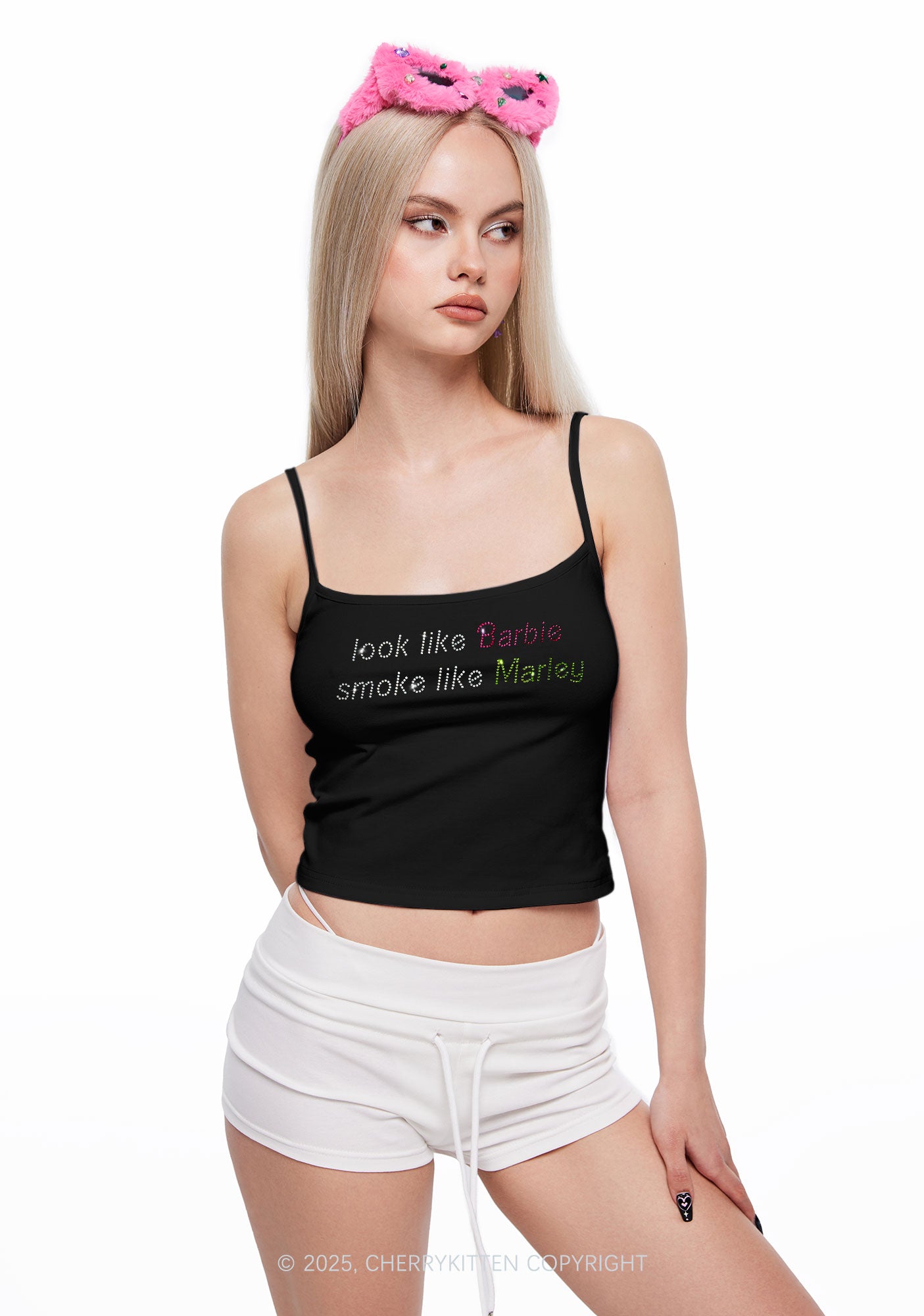 Rhinestone Smoke Like Marley Y2K Spaghetti Strap Cami Cherrykitten