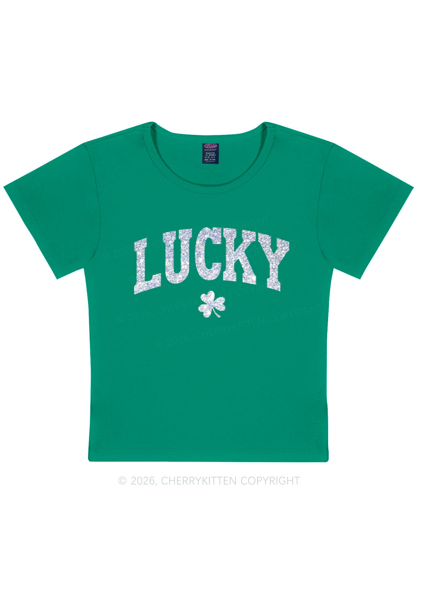 Glitter Lucky Shamrock St Patricks Y2K Baby Tee Cherrykitten