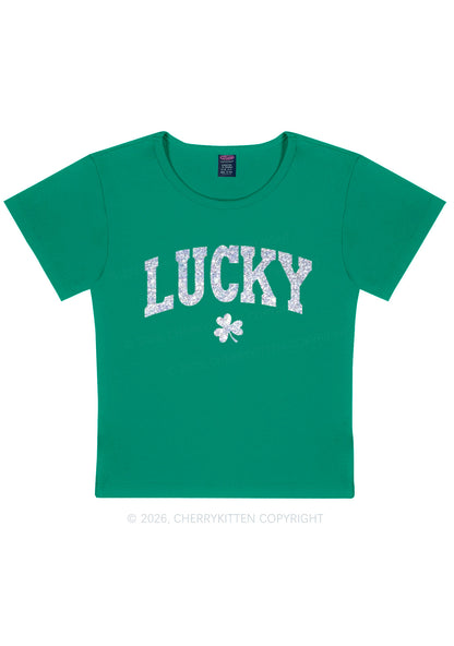 Glitter Lucky Shamrock St Patricks Y2K Baby Tee Cherrykitten