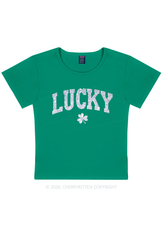 Glitter Lucky Shamrock St Patricks Y2K Baby Tee Cherrykitten
