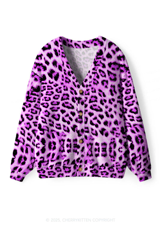 Dark Purple Leopard Y2K Christmas Cardigan Knit Sweatshirt Cherrykitten