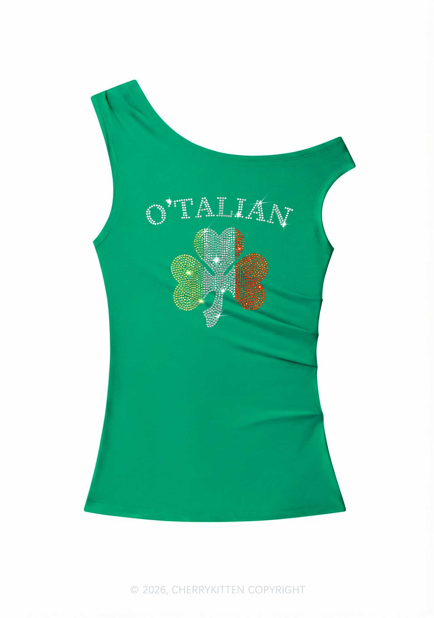 Rhinestone Otalian St Patricks Y2K Off Shoulder Tank Top Cherrykitten