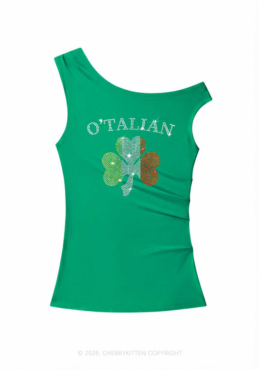 Rhinestone Otalian St Patricks Y2K Off Shoulder Tank Top Cherrykitten