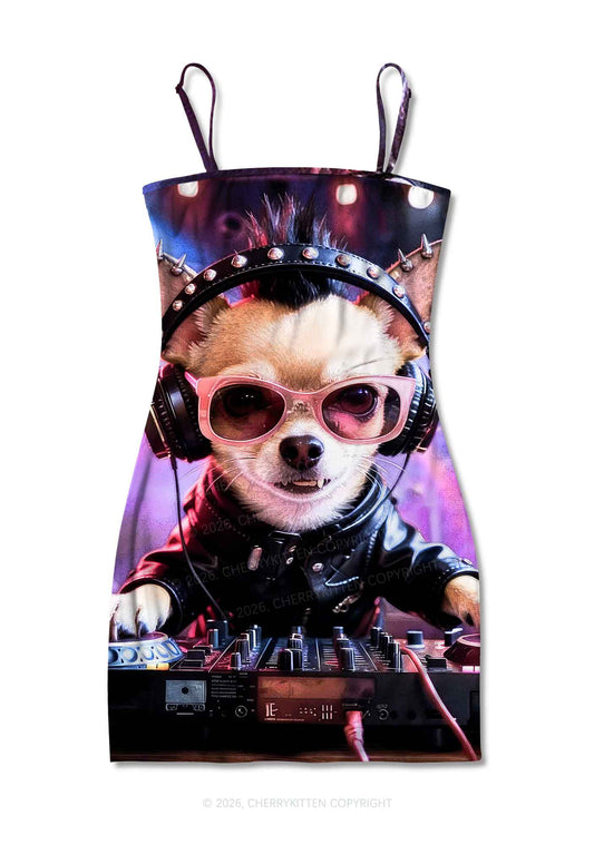 Punk DJ Chihuahua Y2K Print Slip Dress Cherrykitten
