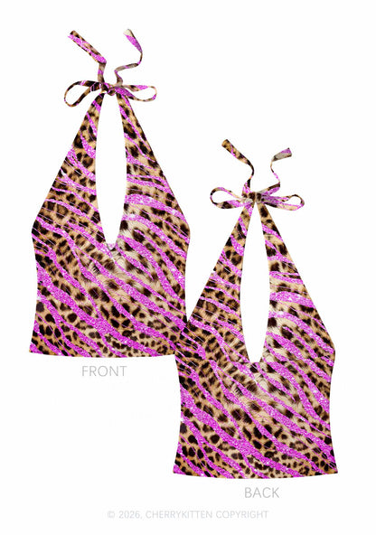 Sparkle Pink Leopard Y2K Print Halter Deep V Neck Cami Cherrykitten